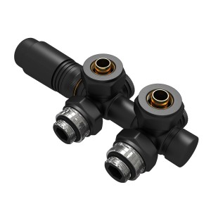 Emke Heizkörper Multiblock Ventil mit Thermostat, Anschlussgarnitur in Schwarz.