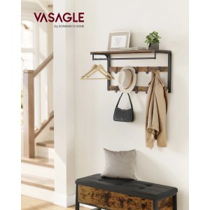 Vasagle Wandgarderobe in Braun-Schwarz mit Ablage, Haken und Kleiderstange.