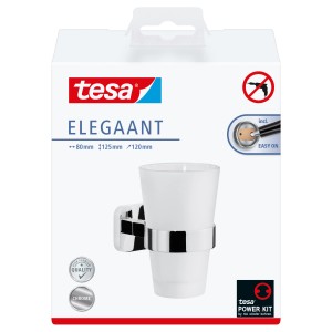 Tesa Elegaant Zahnputzbecher Chrom, zur Wandmontage ohne Bohren, Milchglas Becher.