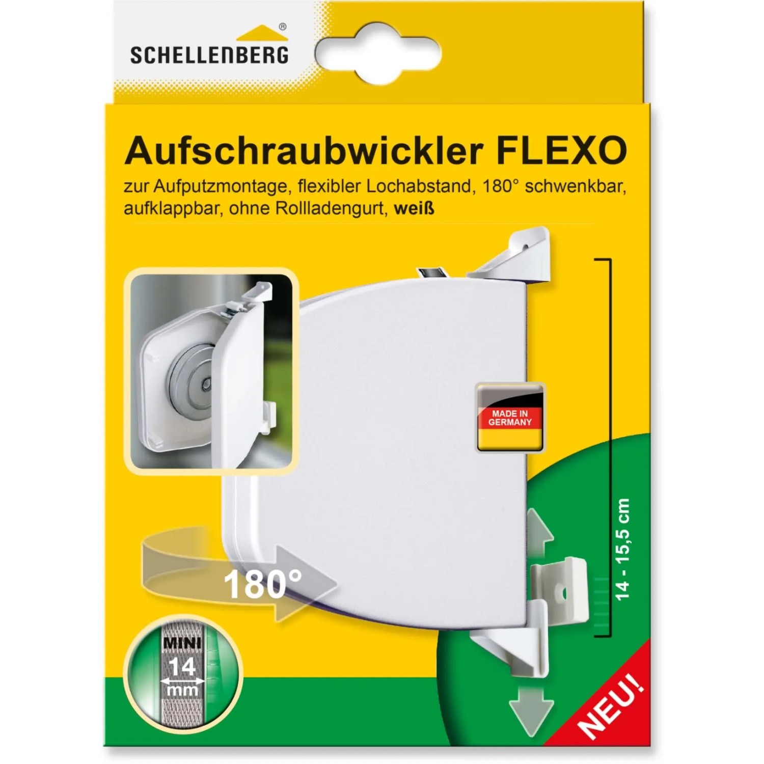 Schellenberg Aufschraubwickler Flexo Mini, weiß, für Rollladen mit 14 mm Gurt, variable Montage.