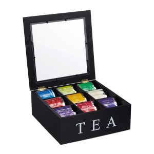 Relaxdays Teebox Bambus Acryl Schwarz Sichtfenster 9 Fächer 9 cm x 23,5 cm x 23,5 cm 0,8 kg