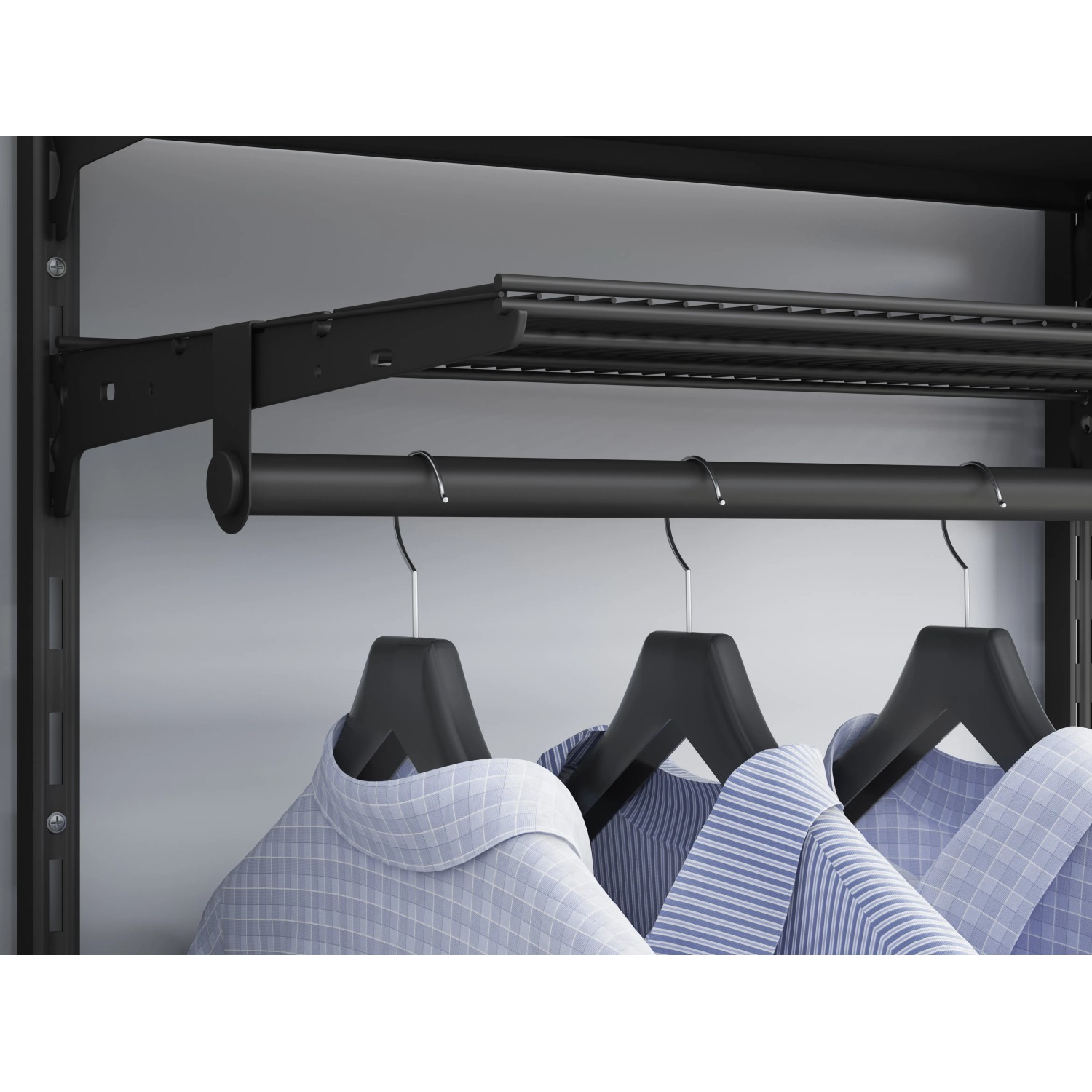 Schwarze Metall-Wandschiene, 2-reihig, 200 cm, als Basis für Regalsysteme.