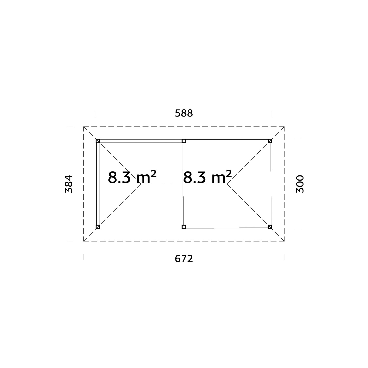 Grundriss Palmako Pavillon Bianca Set204 Slide Transparent, 588x300cm, Maße und Flächenangaben.