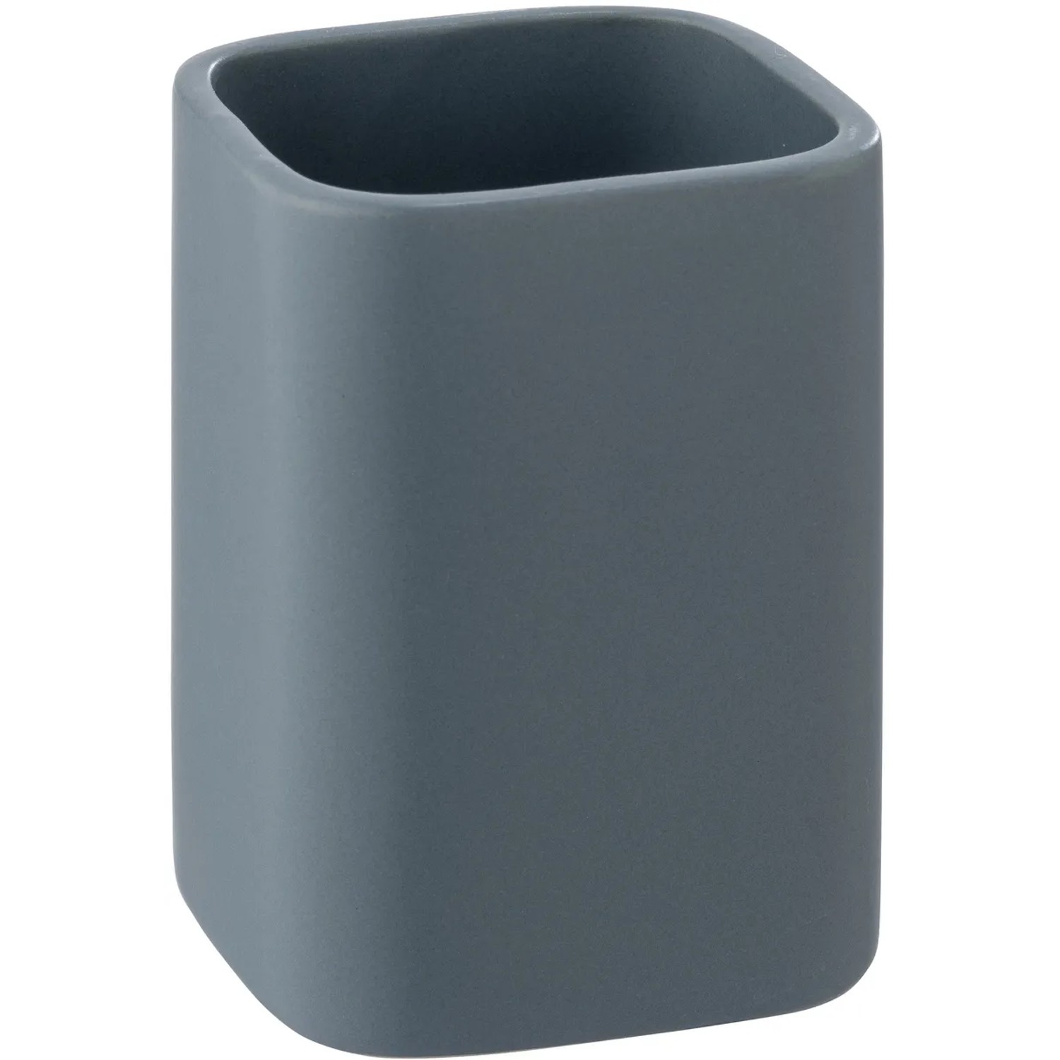 Blauer Wenko Zahnputzbecher Hexa aus Keramik mit abgerundeten, quadratischen Formen.