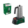 Bosch Akku-Espressokocher EasyMoka 18V-2 Inox, silberfarben, mit schwarzem Akku-Sockel.