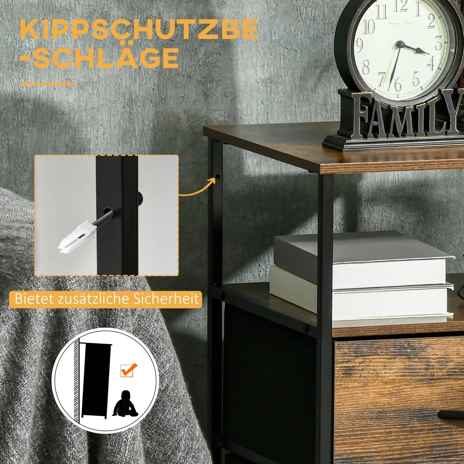 HOMCOM Kommode: Kippschutz für den rustikal-braunen Aufbewahrungsschrank mit Stahlrahmen. Bietet zusätzliche Sicherheit.