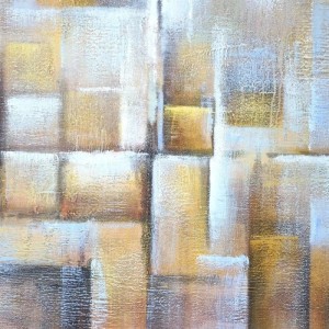 Abstraktes Ölgemälde "Cubes" handgemalt. Goldene, braune und weiße geometrische Formen mit Textur auf Leinwand. Dekoartikel.