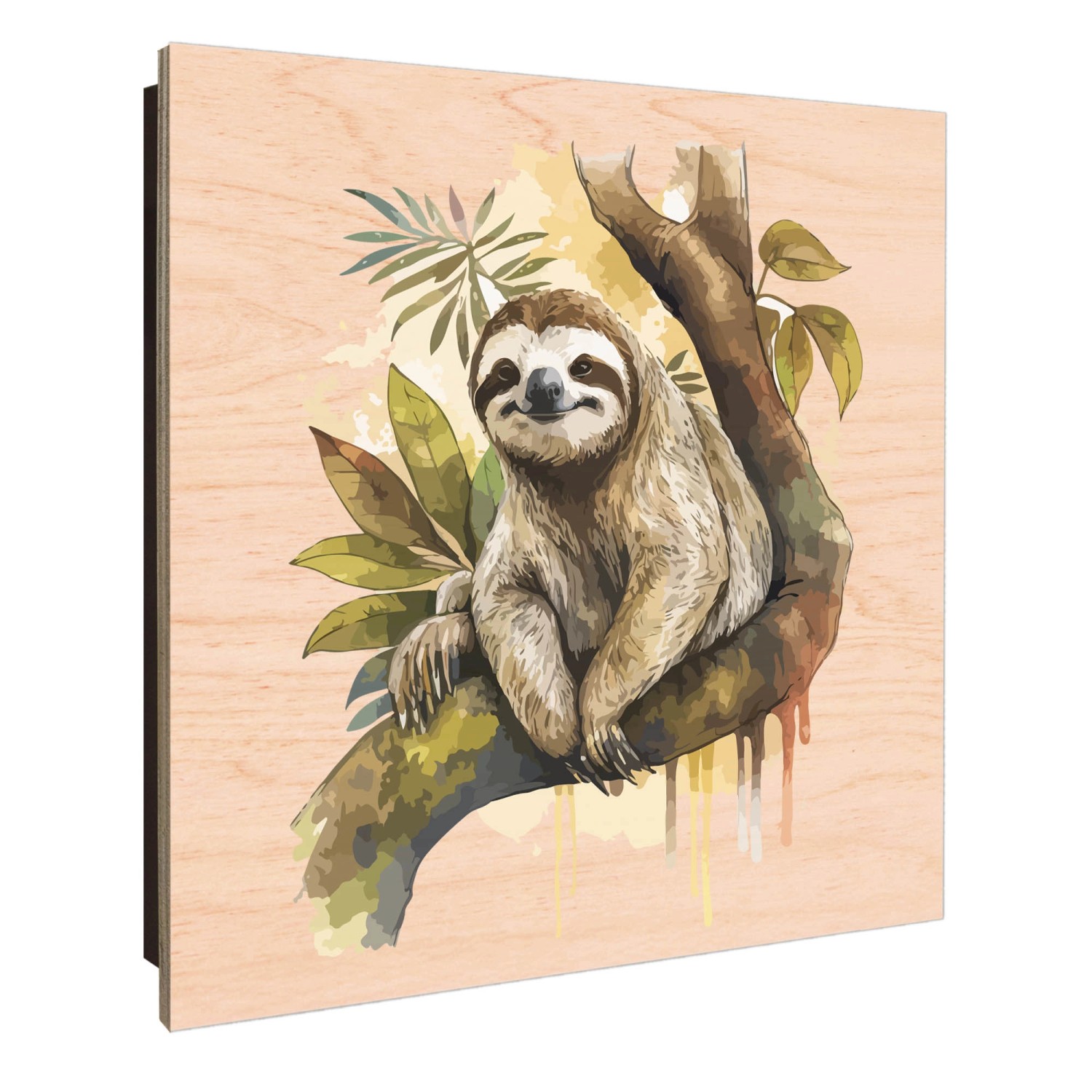 Schwarzer Banjado Schlüsselkasten aus Holz, 30x30cm, mit Faultier im Baum Motiv und 50 Haken.