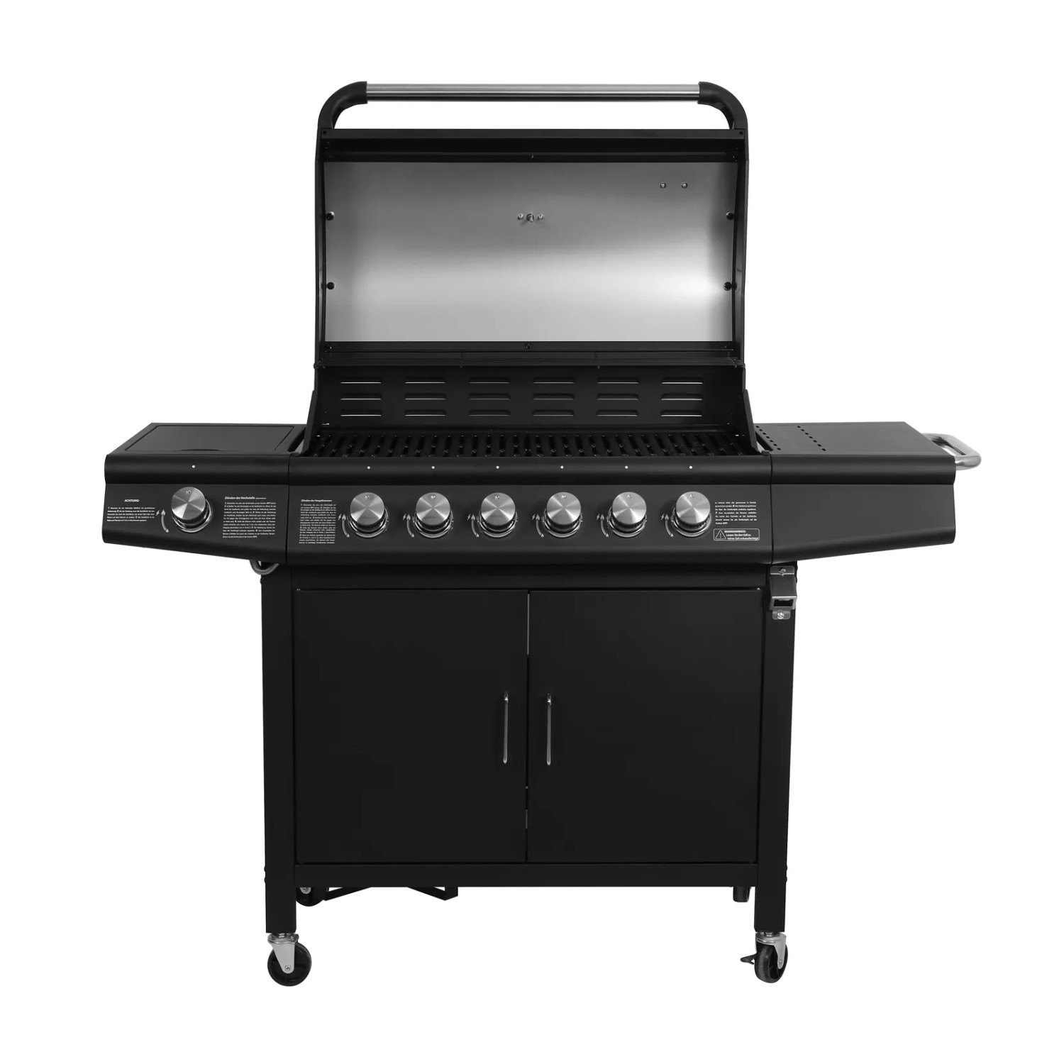 Schwarzer Taino Red 6+1 Gasgrill mit Edelstahl-Brennern und Grillwagen.