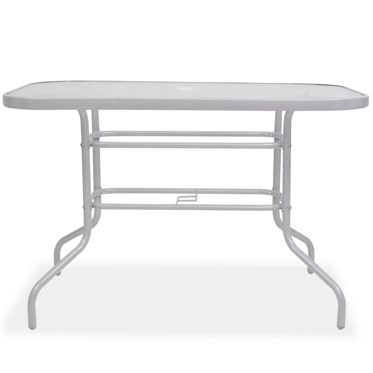 Grauer Gartentisch aus Stahl und Glas, Teil der 8-tlg. vidaXL Essgruppe.