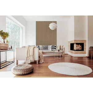 Wohnraum mit Jangal Wandpaneel Solid Teak. Akustikpaneel aus MDF mit Echtholzfurnier.