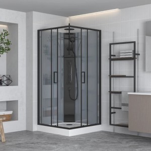 Quadratische Komplettdusche 90x90 cm mit schwarzen Profilen, Schiebetür, Duschwanne und Duschsystem in modernem Bad.