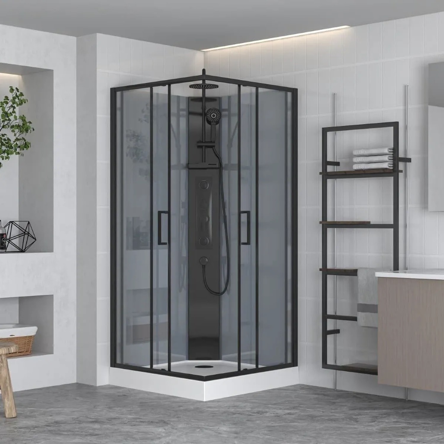 Swiss Aqua Technologies Komplettdusche Duschabtrennung mit Schiebetür 90x90CMInkl. Duschwanne und Duschsystem Schwarz
