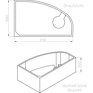 Technische Zeichnung Ottofond Wannenträger Loredana Typ A mit Maßen in Draufsicht und isometrischer Ansicht.