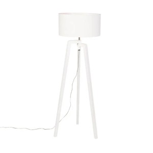 Weiße QAZQA Stehlampe Puros mit Stativ aus Holz und rundem Schirm, 145 cm hoch.