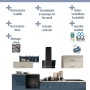 Impuls Küchen Küchenzeile in Blau/Grau mit hellen Oberschränken, E-Geräten. Vorteile wie vormontiert, Soft-Close-Funktion und Qualität hervorgehoben.