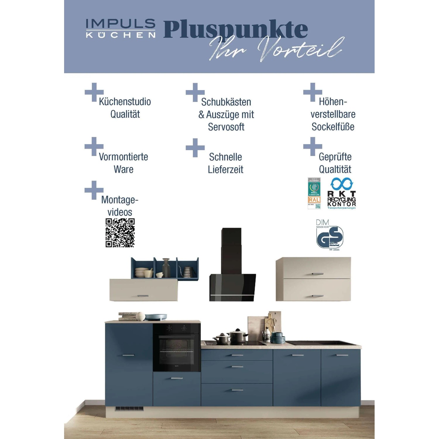 Impuls Küchen Küchenzeile in Blau/Grau mit hellen Oberschränken, E-Geräten. Vorteile wie vormontiert, Soft-Close-Funktion und Qualität hervorgehoben.