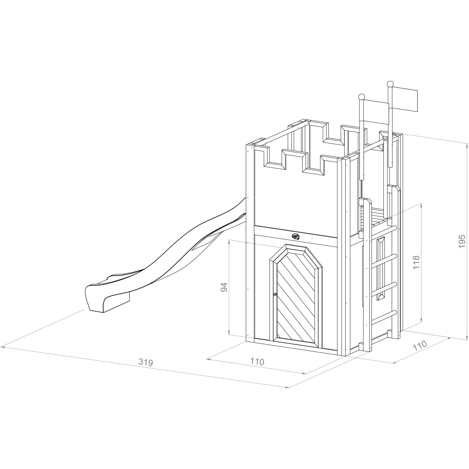 Axi Arthur Spielhaus mit Rutsche, Braun-Rot, 110x319x195cm, Detailzeichnung.