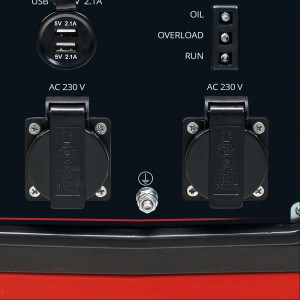 Detailaufnahme: Einhell Notstromaggregat TC-IG 2000 mit 2 Steckdosen, USB-Anschlüssen und Kontrollleuchten.