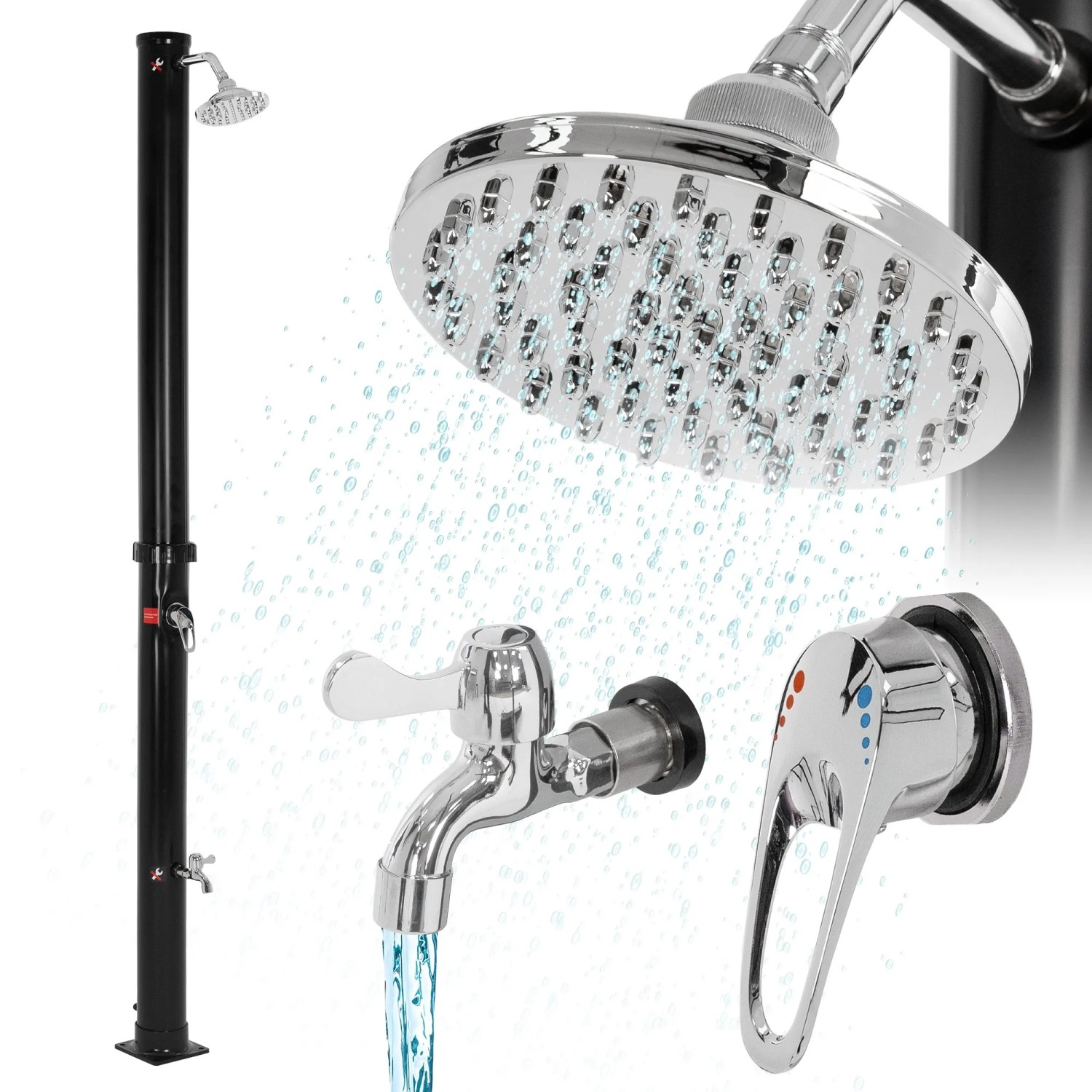 ML-Design Solardusche, 20L, schwarz, mit Regenduschkopf und Fußdusche. Ideal für den Garten.