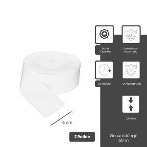 Weißes Dalsys Fugenband aus Weich-PVC, 2 Rollen à 50m, 60mm breit, für Bauabdichtungen und Feuchtigkeitsschutz.