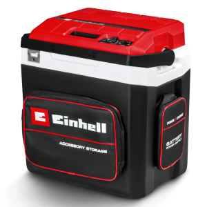 Einhell Akku-Kühlbox TE-COL 18/27 Li-Solo: Rot-schwarze Kühlbox mit Zubehör- und Akku-Tasche.