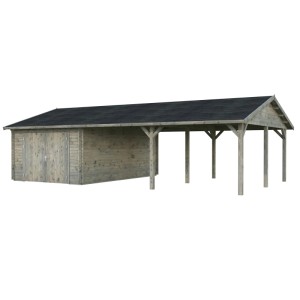 Graue Palmako Garage Roger mit Holztor und Carport, Blockbohlenbauweise.