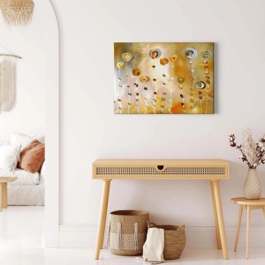 Abstraktes Wandbild mit goldenen Blumen auf Leinwand, moderne Kunst für Wohnzimmer.