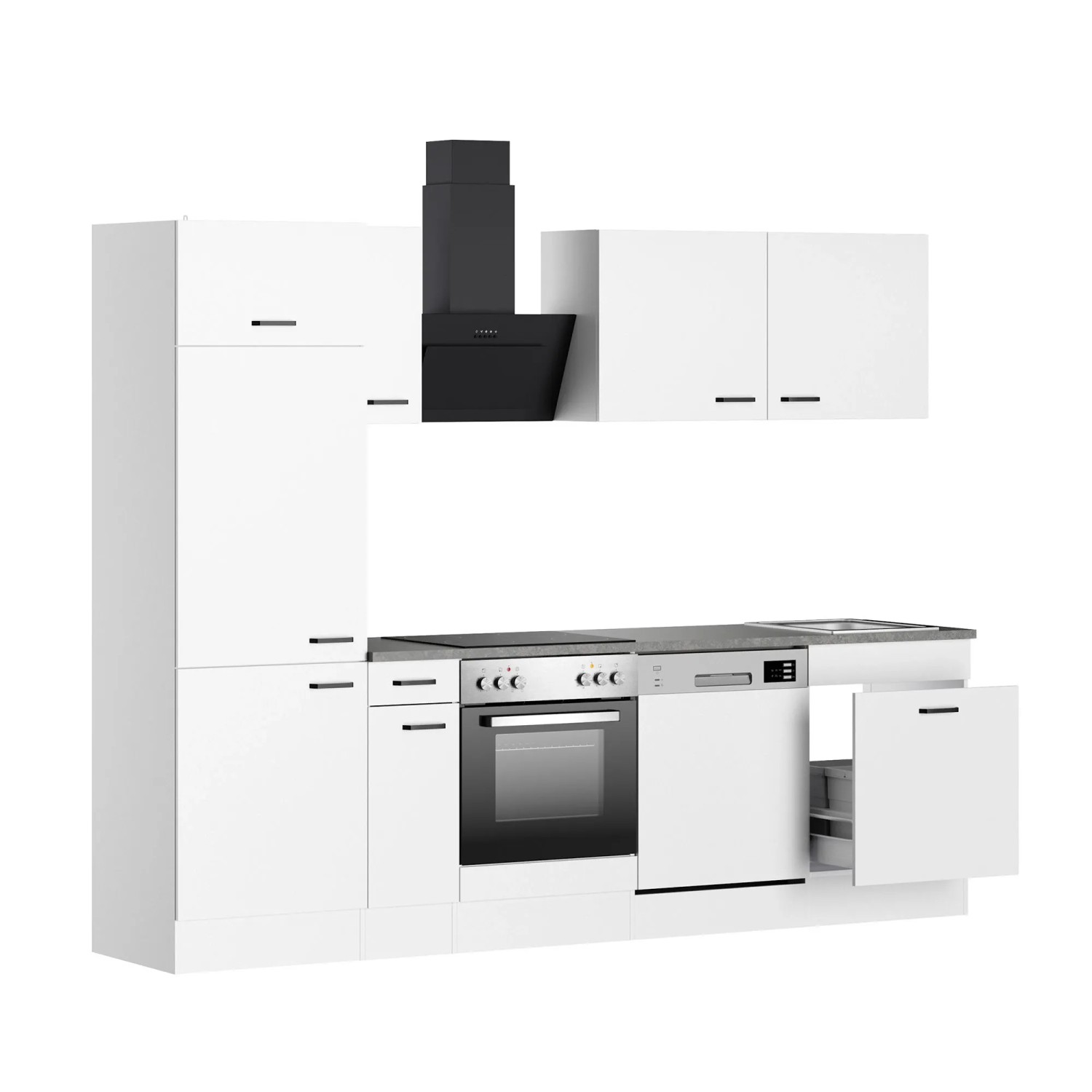Weiße OPTIFIT Küchenzeile Bonn214, 270 cm breit, ohne Elektrogeräte. Einbauküche mit Edelstahlspüle.