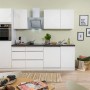 Moderne Respekta Küchenzeile GLRP280HWW in Weiß Hochglanz mit Granit-Optik Arbeitsplatte.