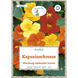 Grüne Fee Kapuzinerkresse Saatgut: Mischung rankender Sorten mit gelben, orangen und roten Blüten.