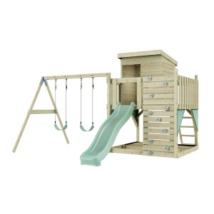 PolarPlay Spielturm Björn mit Schaukel und Rutsche, mintgrün. Spielanlage aus Holz für Kinder.