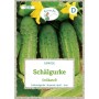 Grüne Fee Schälgurke Delikateß Saatgut-Packung mit grünen Gurken und gelben Blüten.