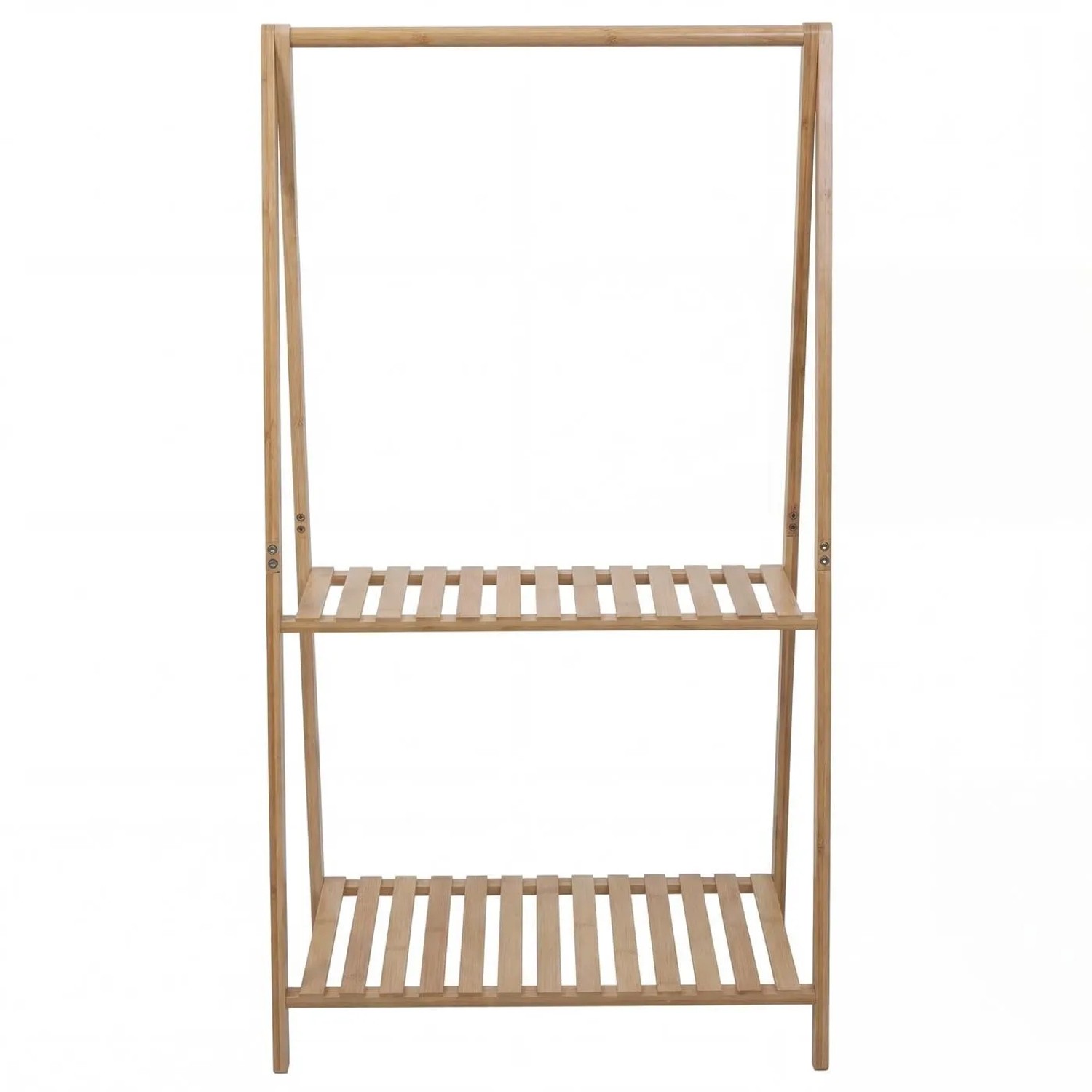 Bambus Standgarderobe mit Kleiderstange und zwei Lattenrost-Ablagen in Naturholzoptik. Offenes Design für Garderoben.