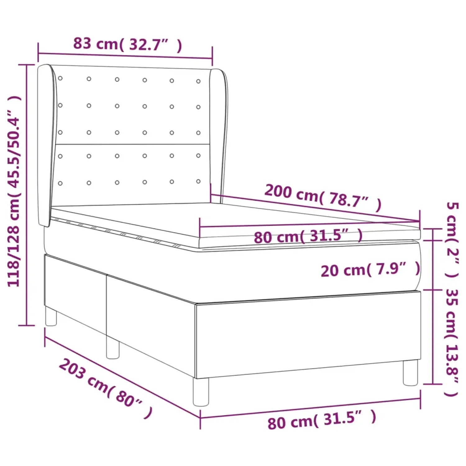 vidaXL Boxspringbett Creme 80x200 cm mit Matratze und Kopfteil, Maße