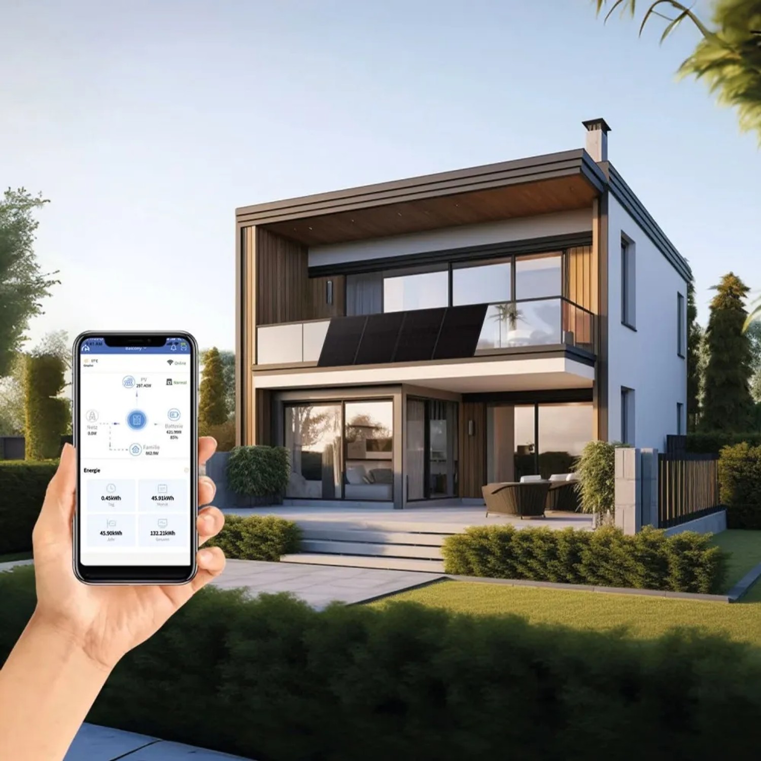 Haier Balkonkraftwerk 800W am Haus, App-Steuerung auf Smartphone sichtbar.