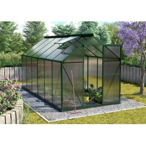 Vitavia Gewächshaus Triton 7500 Smaragd mit Stahlfundament und geöffnetem Dachfenster.