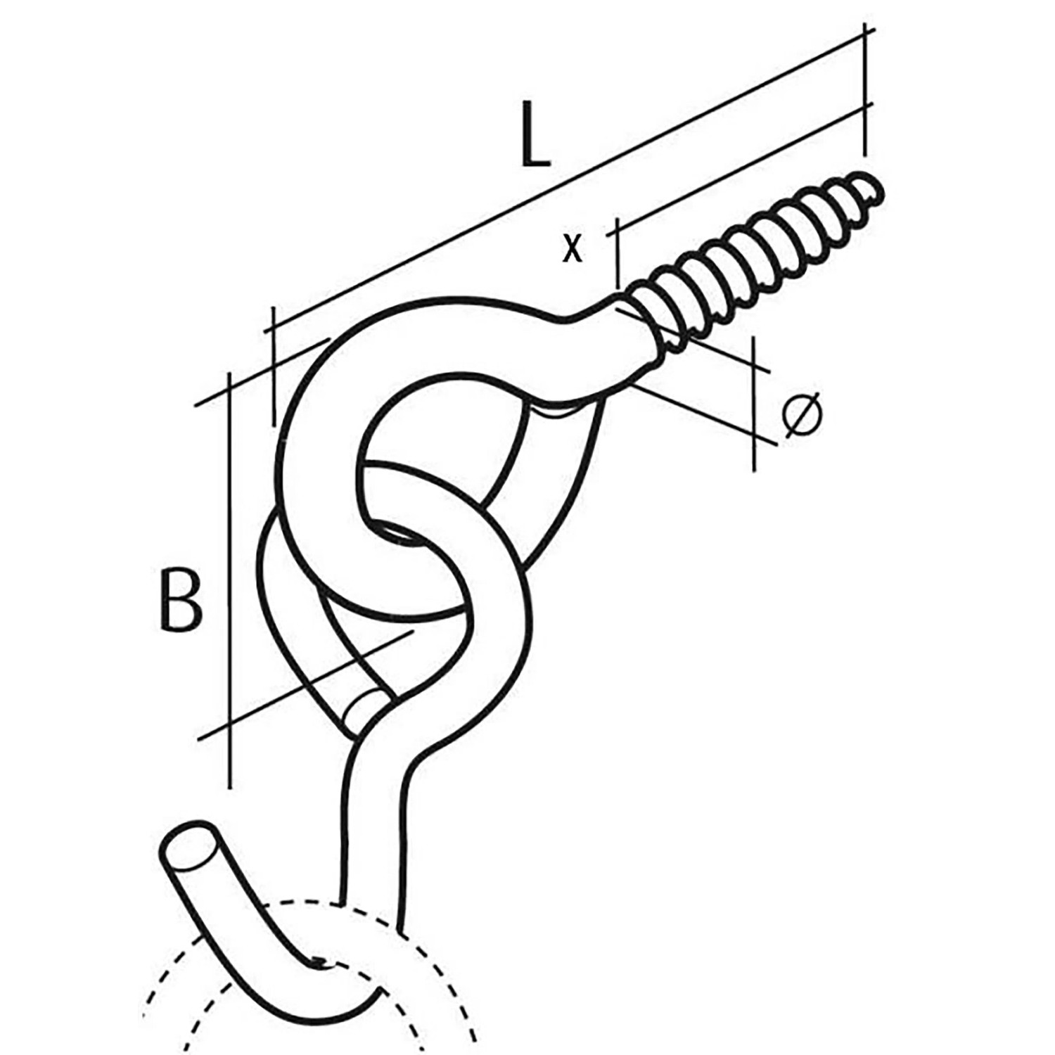 Zeichnung: Conacord Hängemattenhaken aus Stahl, 11 mm x 90 mm, mit Schraubgewinde und Maßen.