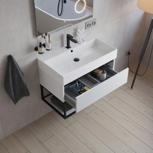 pianura Waschtisch mit Unterschrank Giulia Dark Wood, 80 cm, mit offenem Auszug und schwarzem Gestell.