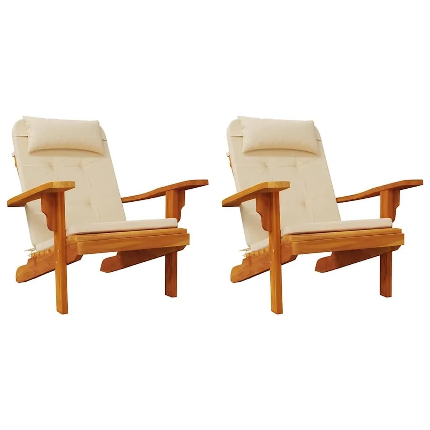 Zwei beigefarbene vidaXL Adirondack-Auflagen aus Oxford-Gewebe auf Holzstühlen. Bequeme Sitzkissen für Gartenmöbel.
