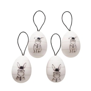 Boltze Dekoanhänger Hopper Set, 4 Eier mit Hasenmotiv in Schwarz-Weiß.
