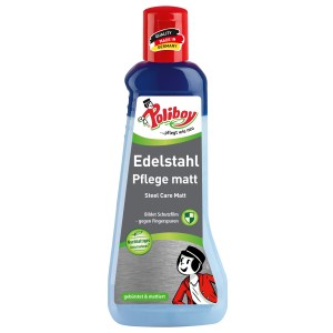 Poliboy Edelstahl Pflege matt 200ml Flasche für die Reinigung und Pflege von gebürstetem Edelstahl.