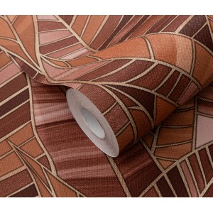 Erismann Vliestapete Elle Decoration 4 Serenade Terracotta mit Blattmuster und goldenen Konturen.