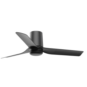 Schwarzer FARO Mini Punt Tub Deckenventilator, 90 cm Durchmesser, mit drei Flügeln und Fernbedienung.