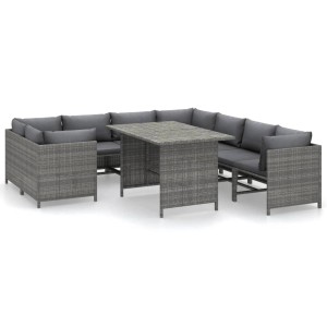 Graues 9-tlg. vidaXL Garten Lounge Set aus Rattan mit Tisch und anthrazitfarbenen Kissen.