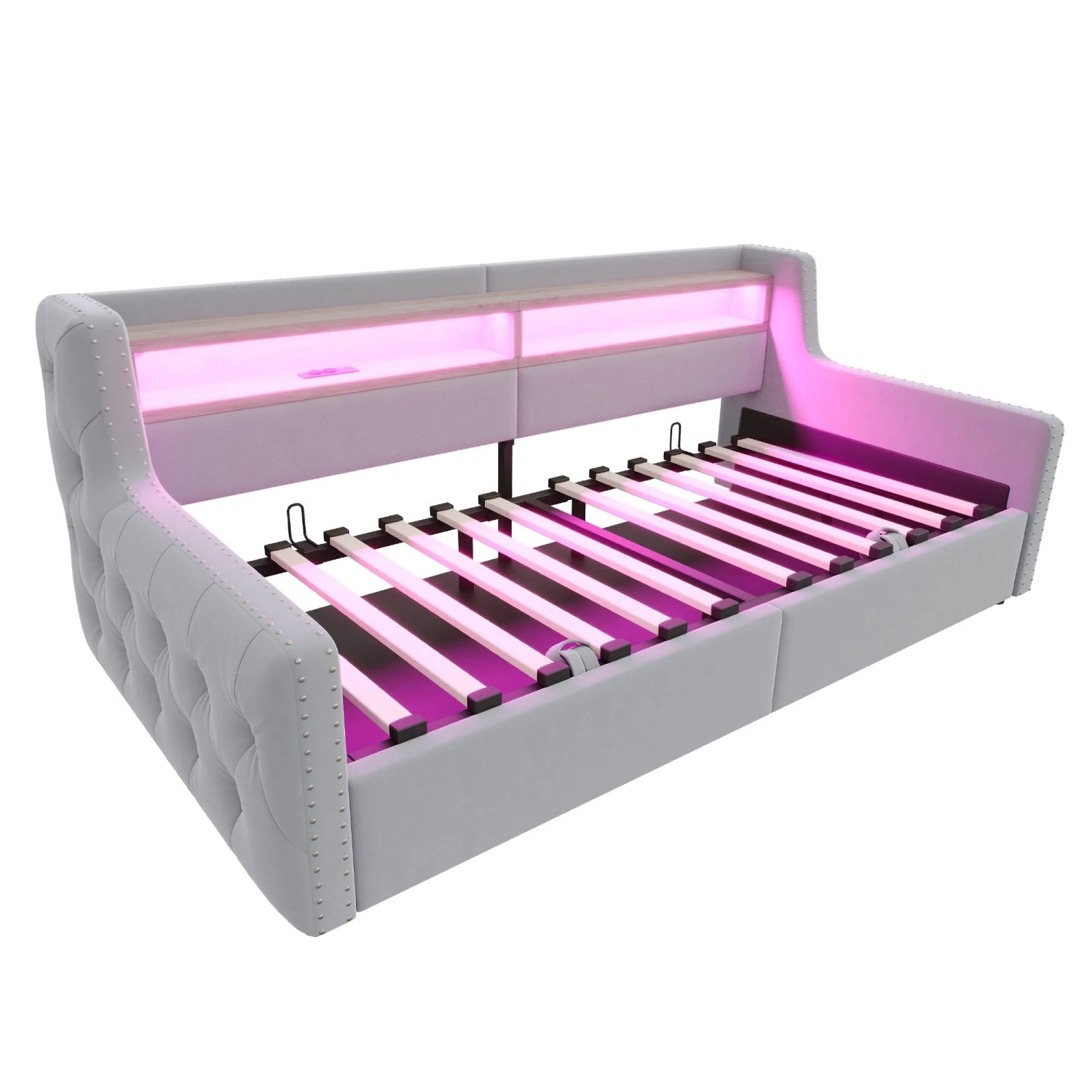 Merax Schlafsofa 90x200cm LED Stauraum Lattenrost Hellgrau