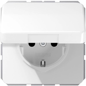 Jung Steckdose CD500 Alpinweiß mit Klappdeckel und erhöhtem Berührungsschutz.