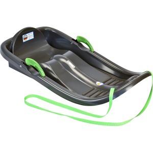 Anthrazitfarbener Schlitten Snow Bird de luxe mit grünen Griffen und Zugband.