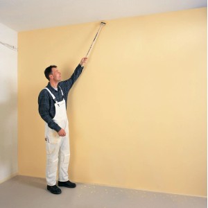 Mann streicht Wand mit Fassadenpinsel Langer Fritz 75 mm mit langem Griff.