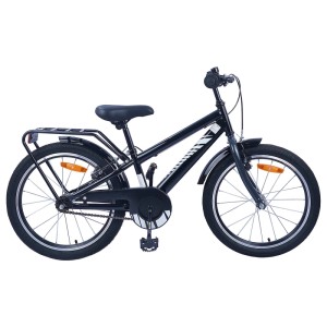 Schwarzes 20-Zoll Kinderfahrrad für 6-11 Jährige mit Gepäckträger und Reflektoren.